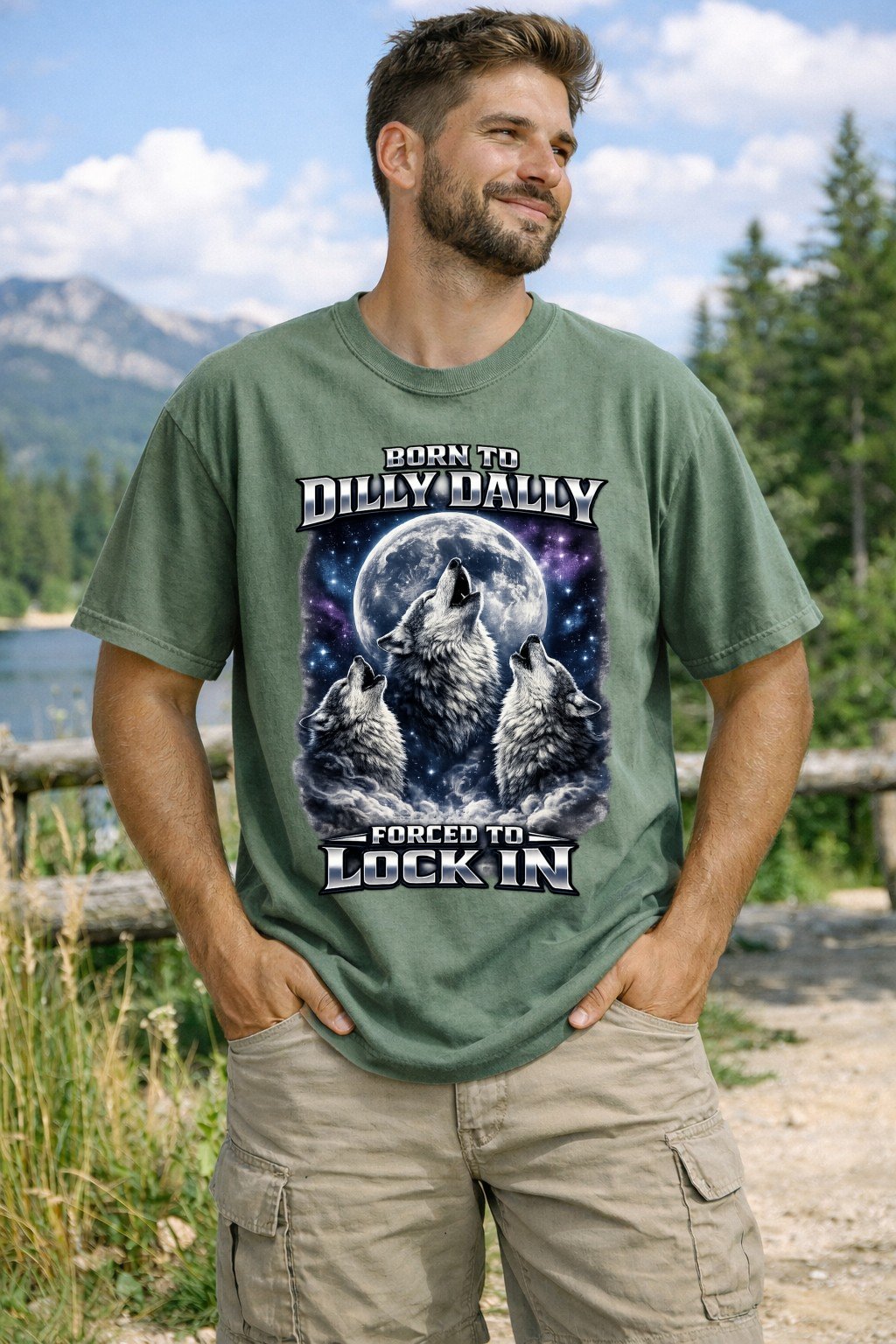 Born to Dilly Dally Forced to Lock In Shirt | Retro Wolf Graphic Tee | Funny Ironic Meme Gift - Unisex Comfort Colors T-shirt