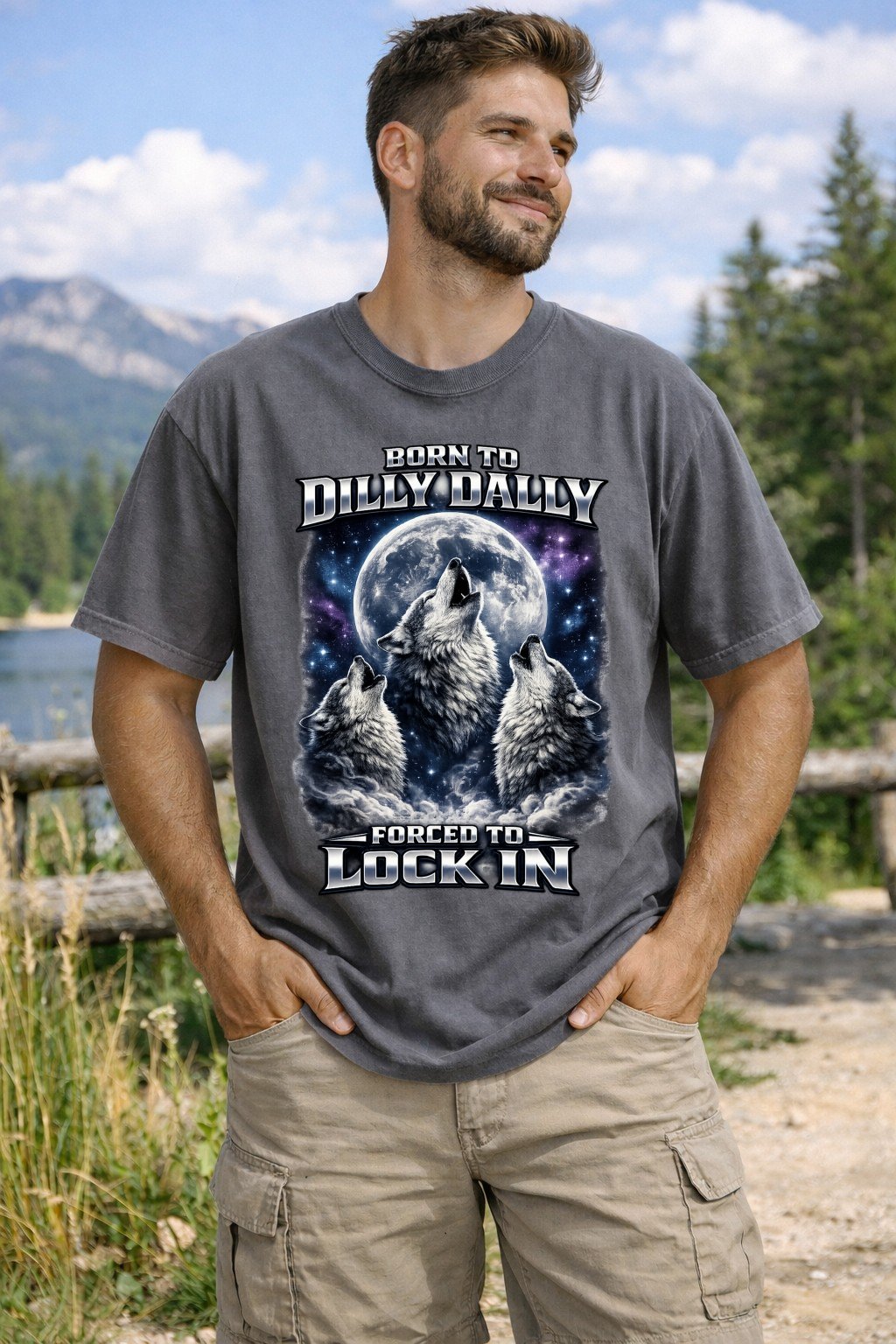 Born to Dilly Dally Forced to Lock In Shirt | Retro Wolf Graphic Tee | Funny Ironic Meme Gift - Unisex Comfort Colors T-shirt