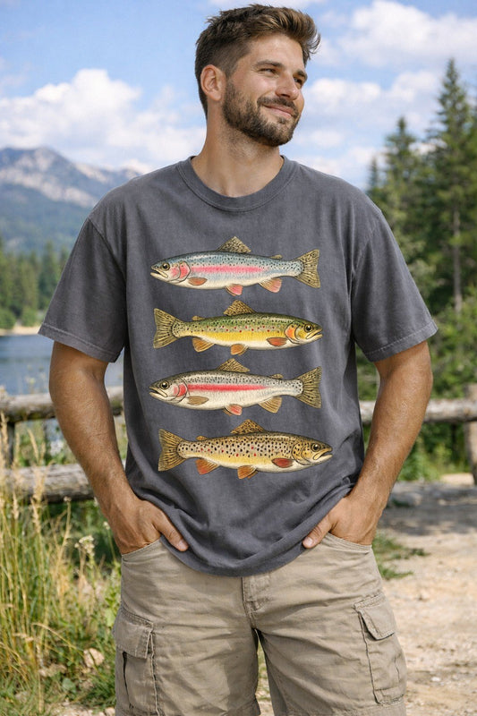 Man wearing a t-shirt with fish designs outdoors