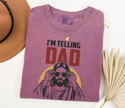 Funny Jesus "I'm Telling Dad" Comfort Colors Christian T-Shirt - Retro Faith Design