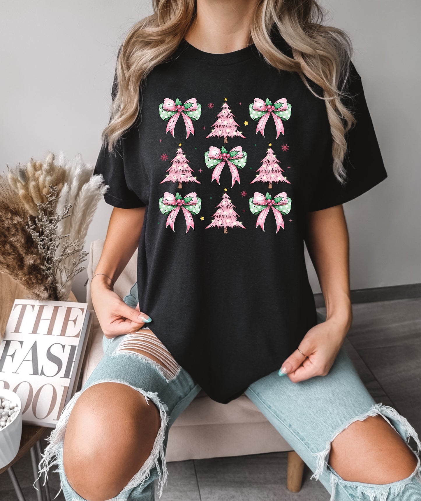 Pink Christmas Tree Comfort Colors Shirt - Coquette Bow Holiday Tee