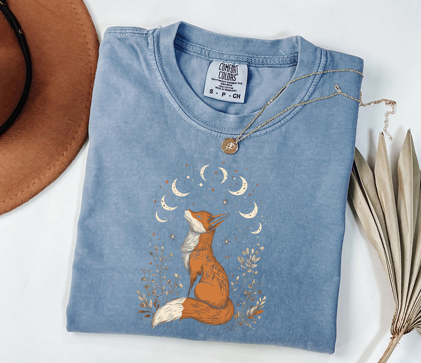 Mystical Fox Comfort Colors T-Shirt - Moon Phases & Nature Design