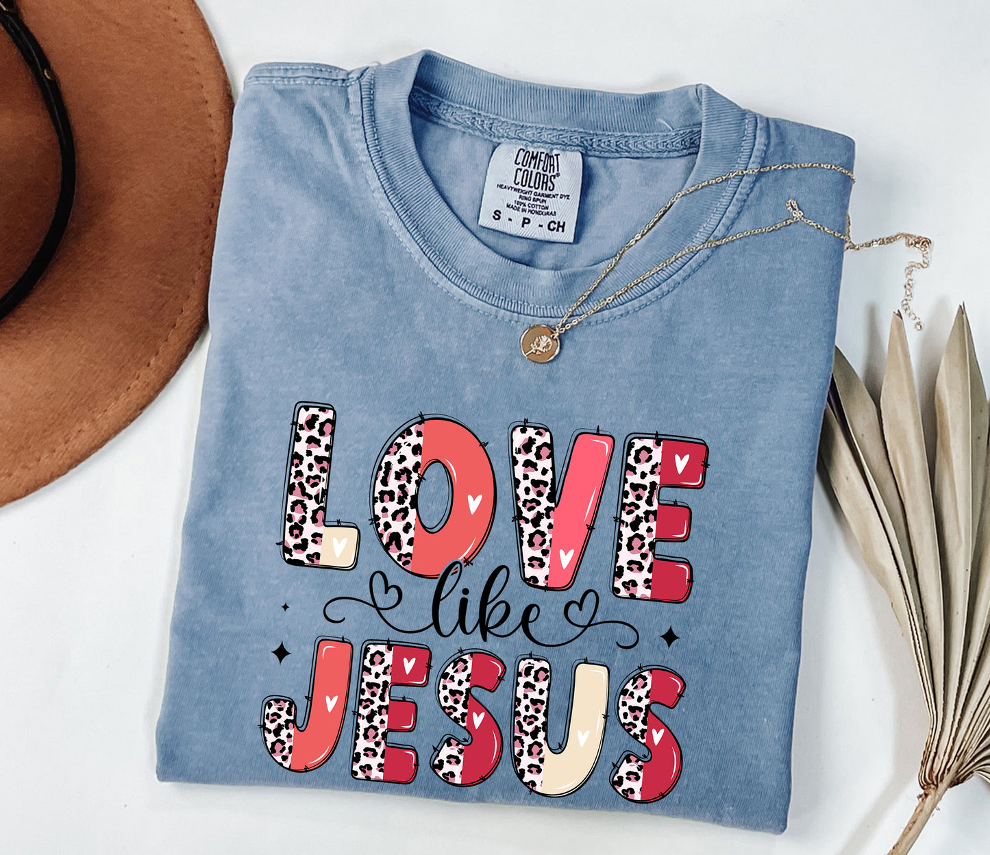 "Love Like Jesus" Comfort Colors T-Shirt - Leopard & Heart Design