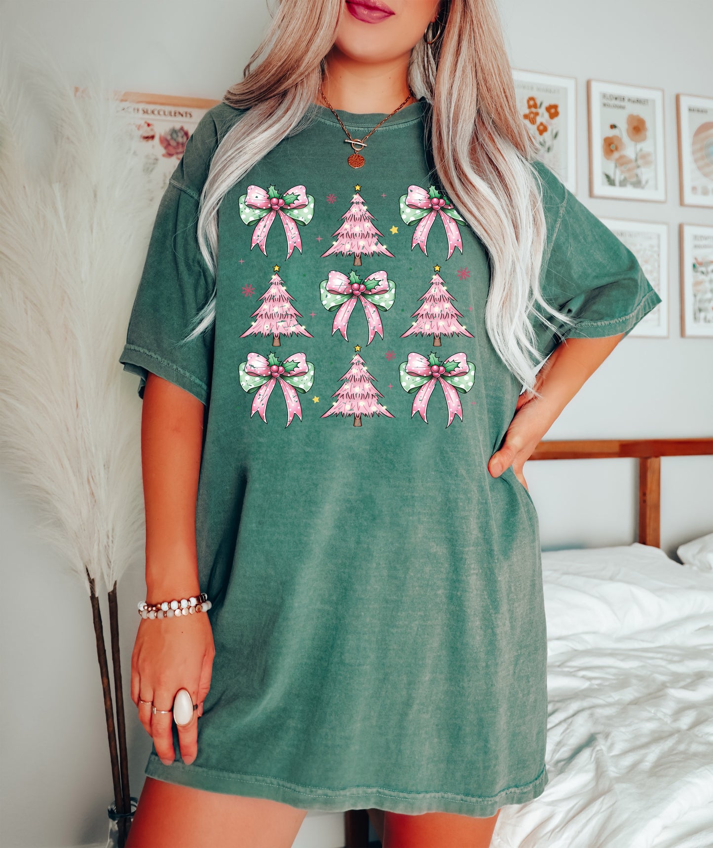 Pink Christmas Tree Comfort Colors Shirt - Coquette Bow Holiday Tee