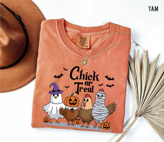 "Chick or Treat" Halloween Comfort Colors T-shirt - Fun Chicken Graphic Tee - ByBoboTee