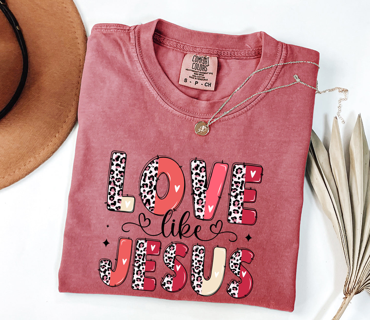 "Love Like Jesus" Comfort Colors T-Shirt - Leopard & Heart Design