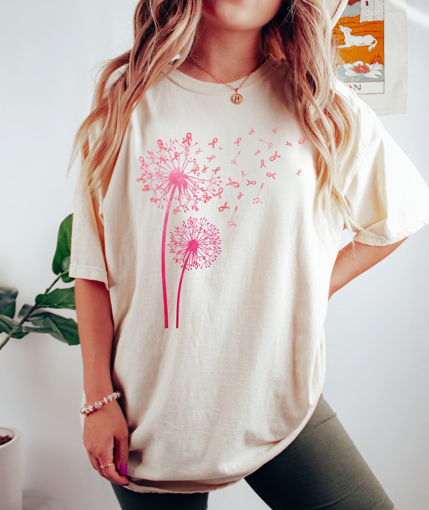 Dandelion Breast Cancer Awareness Graphic Tee – Pink Ribbon Design Ivory