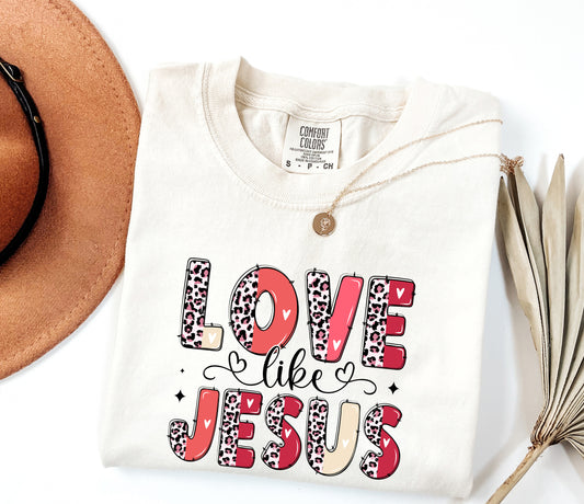 "Love Like Jesus" Comfort Colors T-Shirt - Leopard & Heart Design