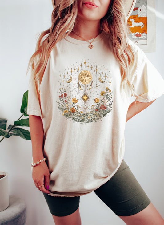 Boho Sun and Moon Comfort Colors Oversized T-Shirt - Floral Celestial Design