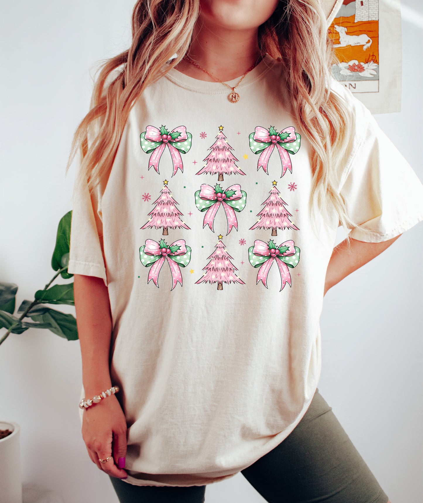 Pink Christmas Tree Comfort Colors Shirt - Coquette Bow Holiday Tee