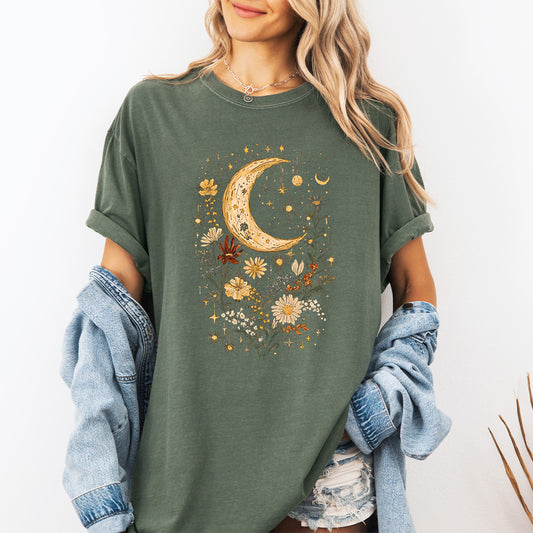 Boho Sun and Moon Comfort Colors Oversized T-Shirt - Floral Celestial Design