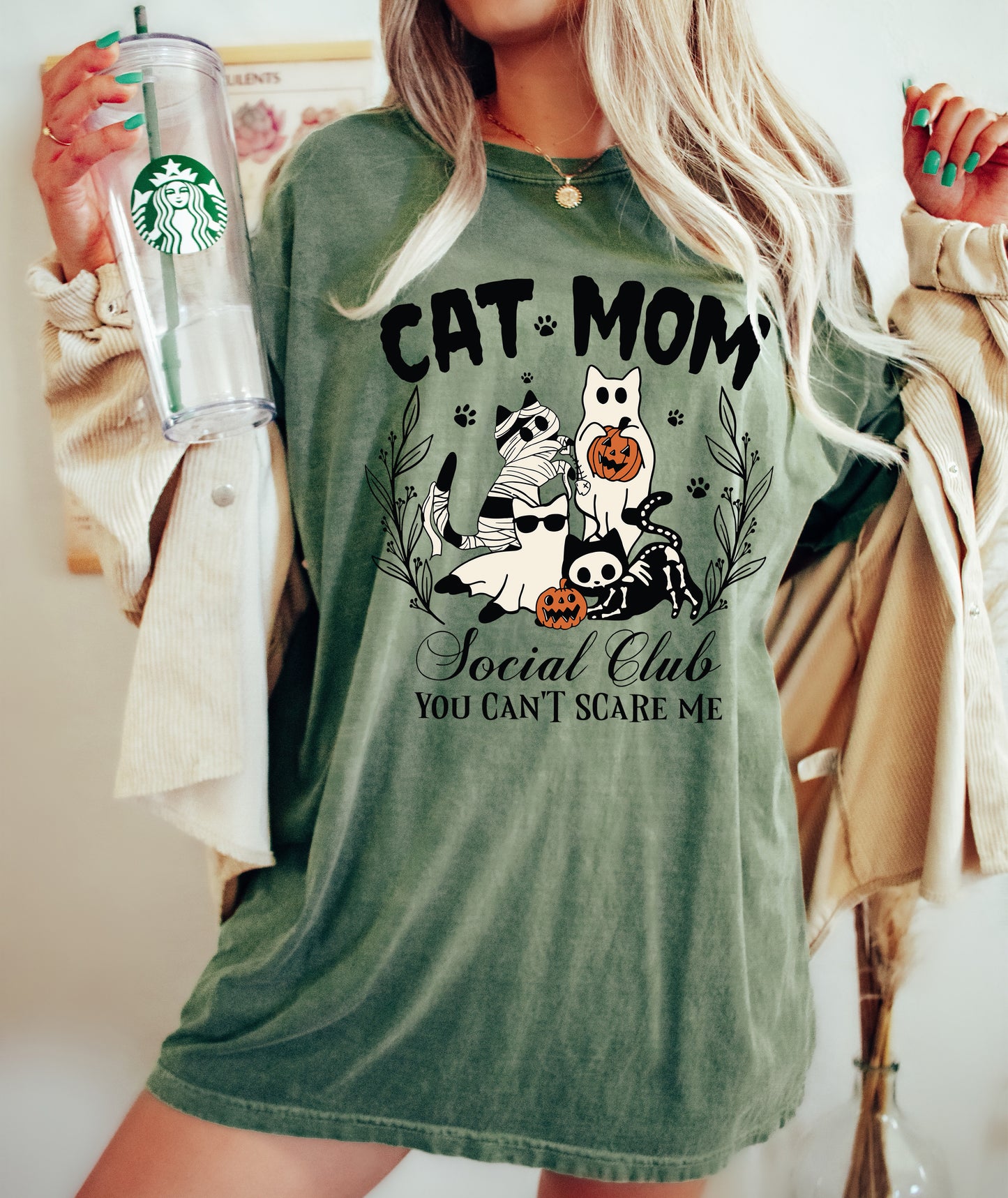 Cat Mom Social Club Halloween Shirt Moss