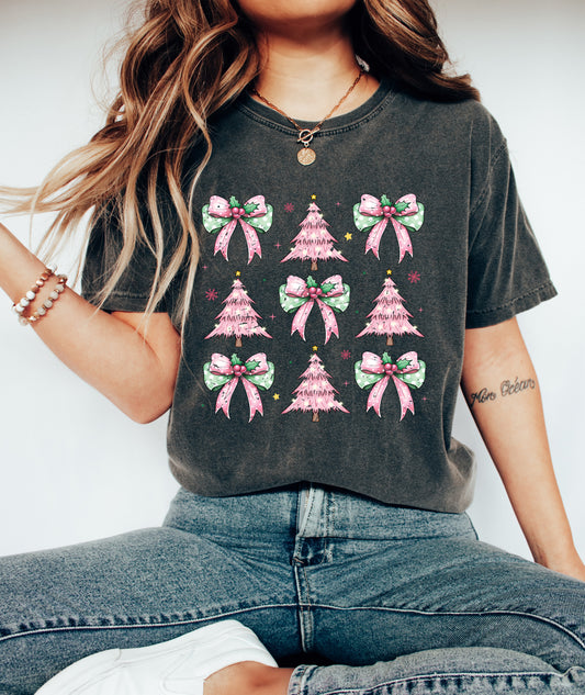 Pink Christmas Tree Comfort Colors Shirt - Coquette Bow Holiday Tee