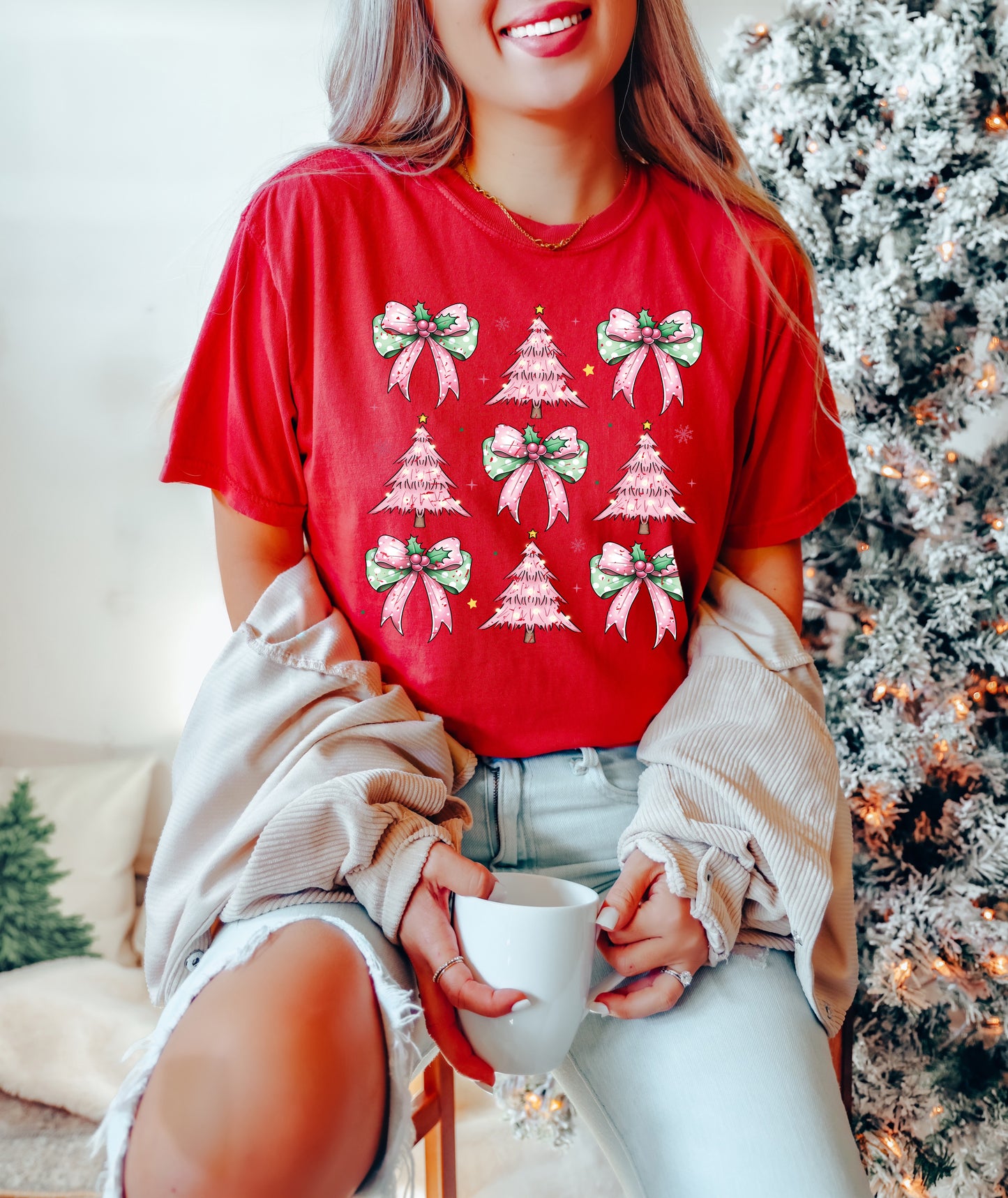 Pink Christmas Tree Comfort Colors Shirt - Coquette Bow Holiday Tee