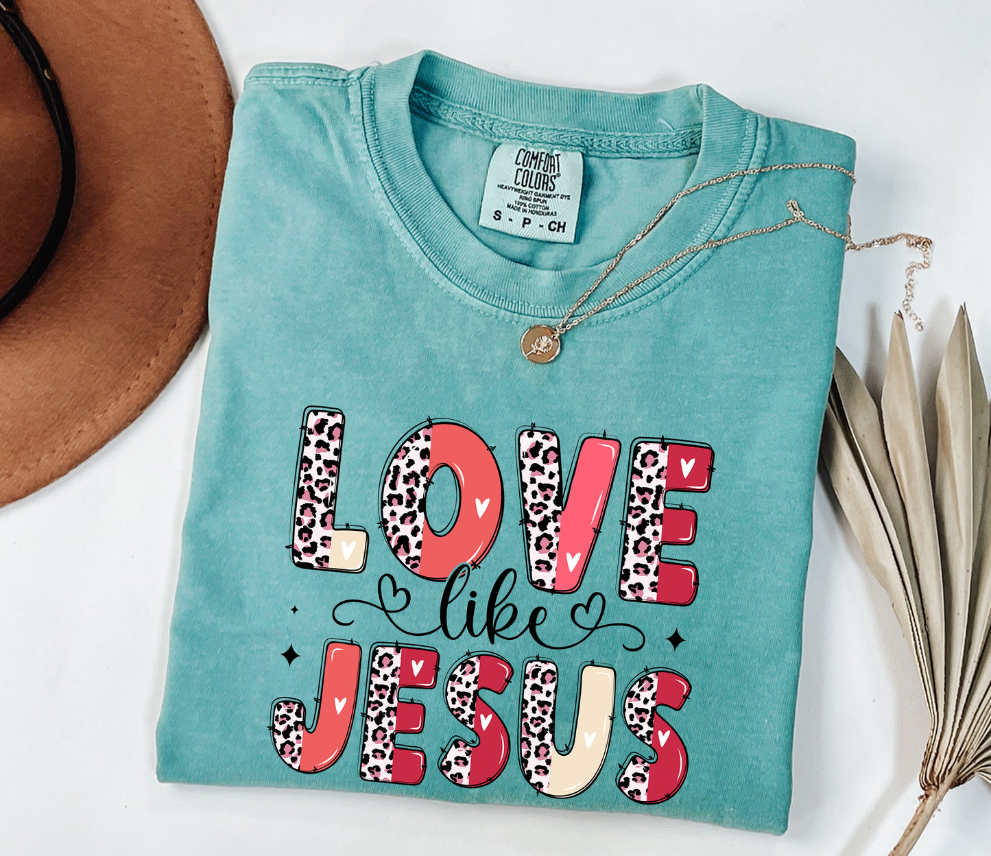 "Love Like Jesus" Comfort Colors T-Shirt - Leopard & Heart Design