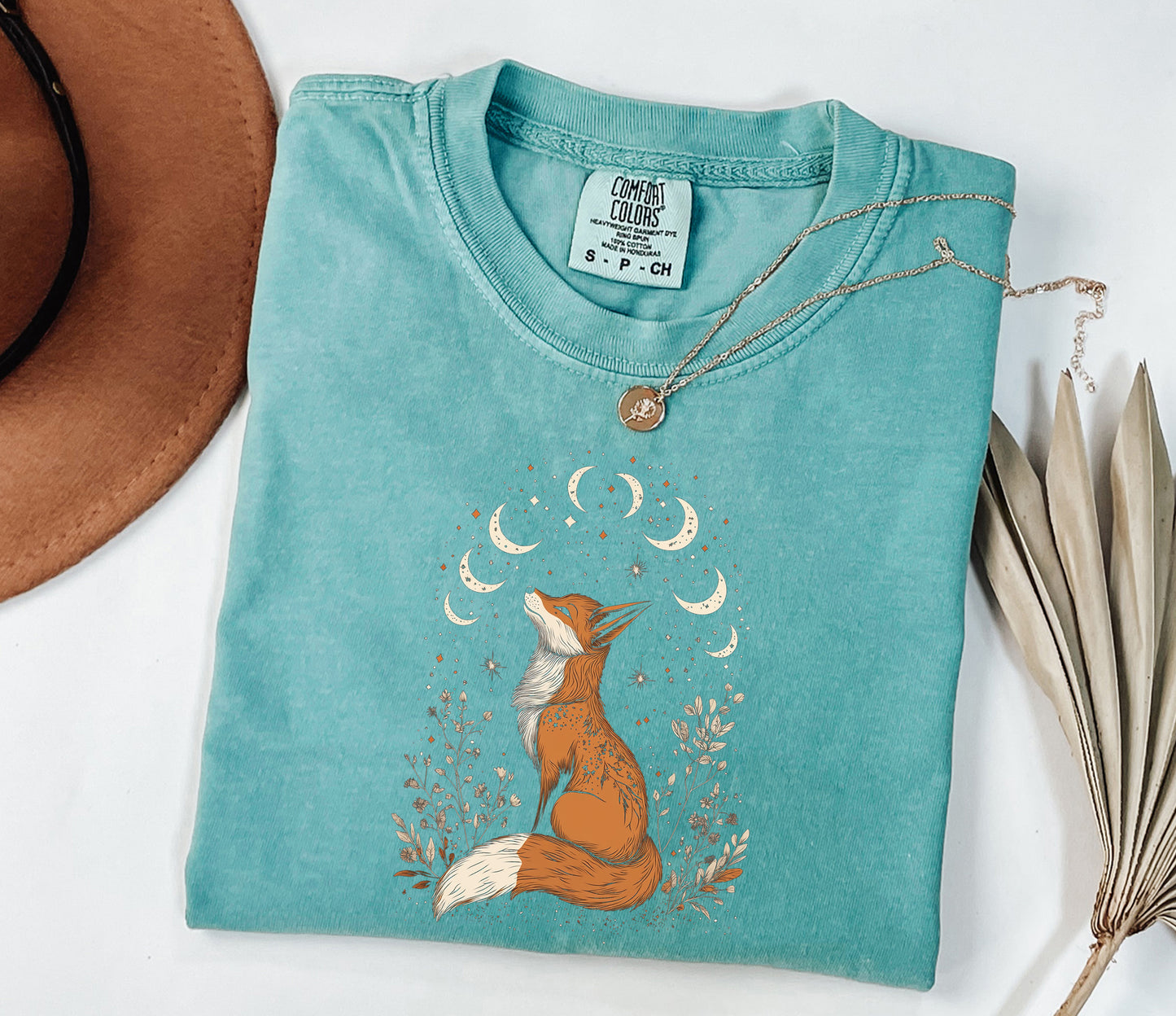 Mystical Fox Comfort Colors T-Shirt - Moon Phases & Nature Design