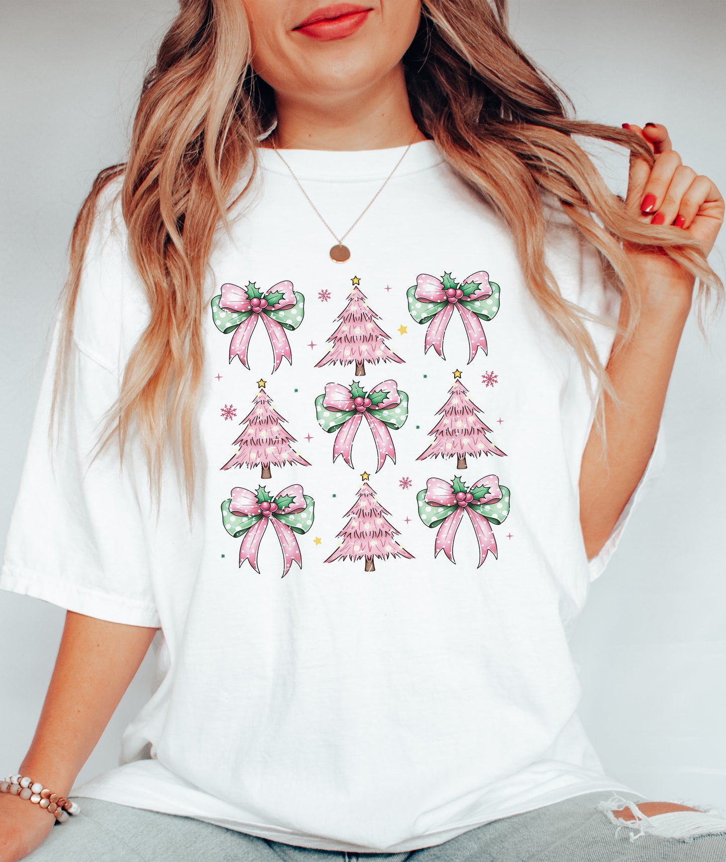 Pink Christmas Tree Comfort Colors Shirt - Coquette Bow Holiday Tee