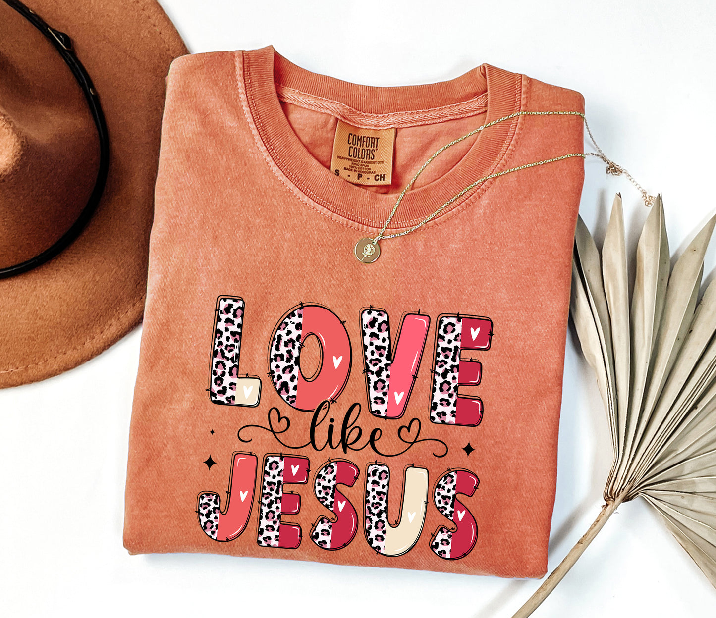 "Love Like Jesus" Comfort Colors T-Shirt - Leopard & Heart Design