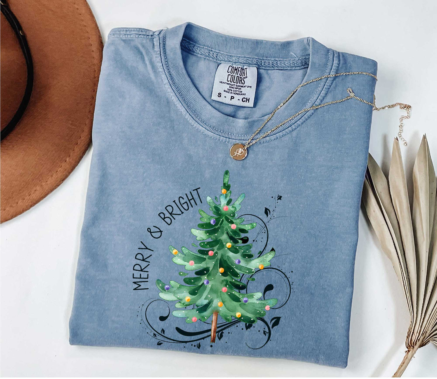 Merry and Bright Christmas Tree Shirt ,Holiday Shirt, Womens Christmas Shirt Blue Jean