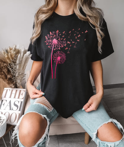 Dandelion Breast Cancer Awareness Graphic Tee – Pink Ribbon Design Black