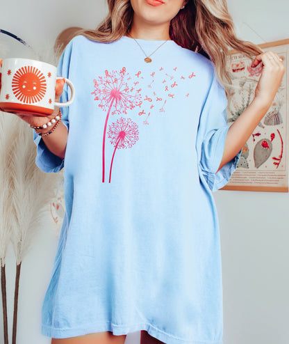 Dandelion Breast Cancer Awareness Graphic Tee – Pink Ribbon Design Chambray