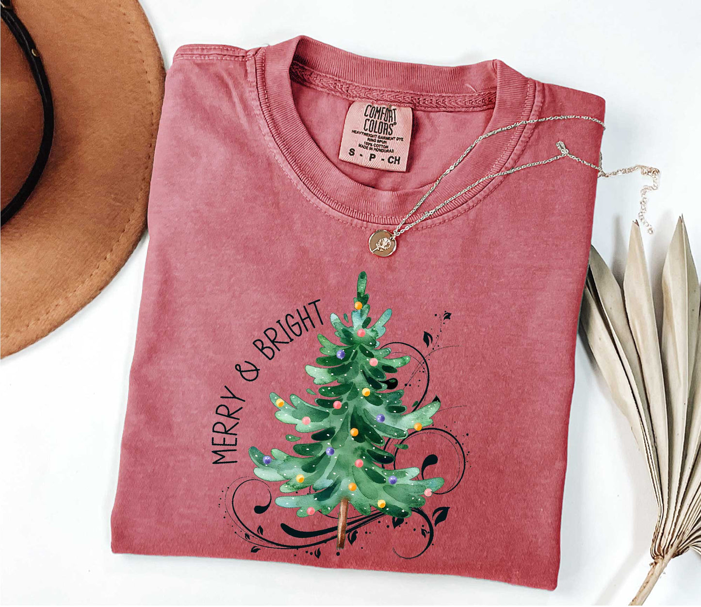 Merry and Bright Christmas Tree Shirt ,Holiday Shirt, Womens Christmas Shirt Crimson