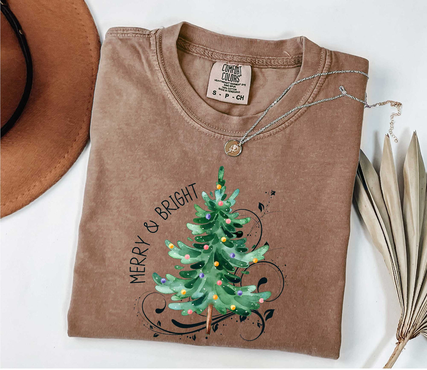 Merry and Bright Christmas Tree Shirt ,Holiday Shirt, Womens Christmas Shirt Espresso