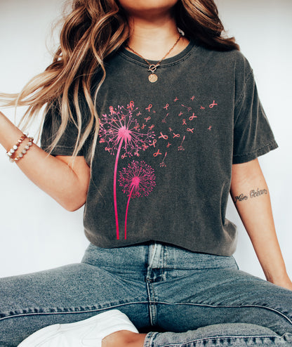 Dandelion Breast Cancer Awareness Graphic Tee – Pink Ribbon Design Graphite