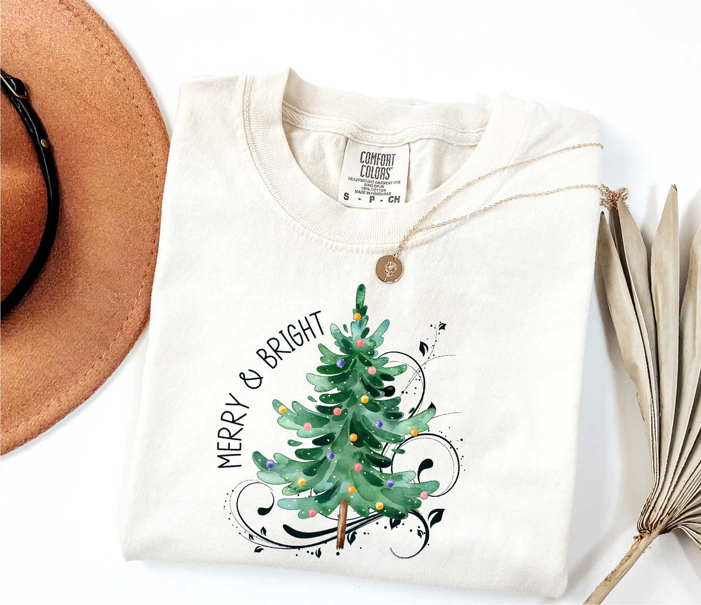 Merry and Bright Christmas Tree Shirt ,Holiday Shirt, Womens Christmas Shirt Ivory