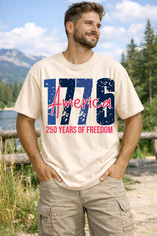 A Ivory Unisex Garment-Dyed T-shirt mockup (front view) showing the 250th anniversary usa shirt 250 years of freedom patriotic t-shirt print on the front. The artwork highlights semiquincentennial, 1776 2026 shirt, 250th anniversary, usa 250 shirt, patriotic 2026, freedom shirt, independence day 2026, 250 years of liberty, commemorative shirt, us history gift, describing the graphic and theme on the garment.