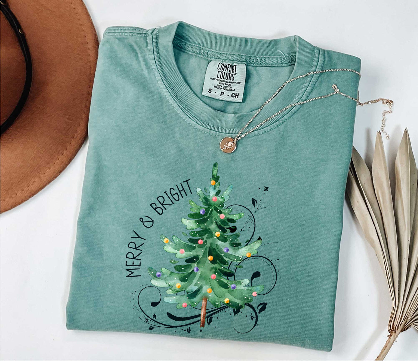 Merry and Bright Christmas Tree Shirt ,Holiday Shirt, Womens Christmas Shirt Light Green