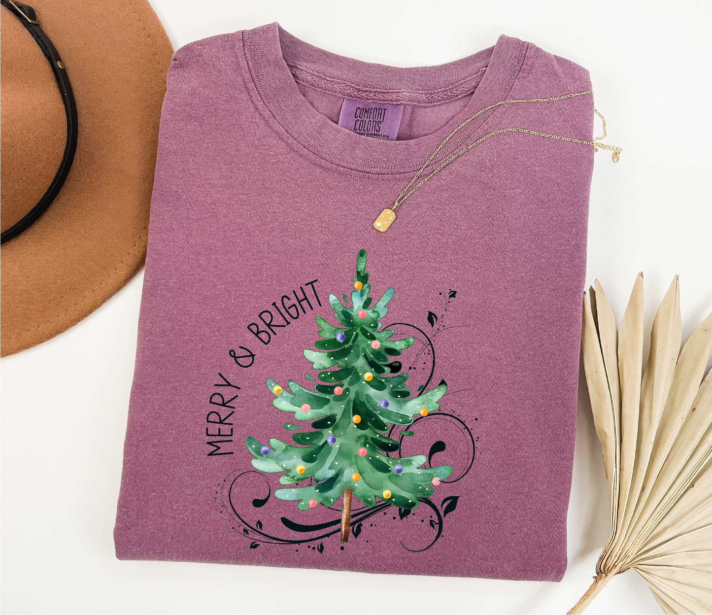 Merry and Bright Christmas Tree Shirt ,Holiday Shirt, Womens Christmas Shirt Berry