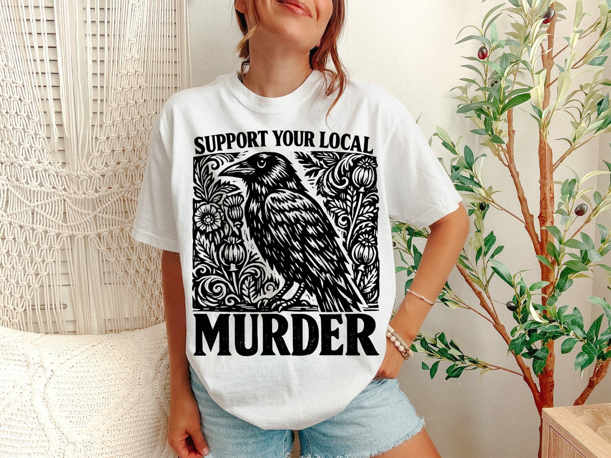 A White Unisex Garment-Dyed T-shirt mockup (front view) showing the support your local murder crow shirt - funny bird lover gift tee print on the front. The artwork highlights crows before bros, support your local murder crow shirt - funny bird lover gift tee, unisex garment-dyed t-shirt, white, support, your, local, murder, crow, shirt, describing the graphic and theme on the garment.