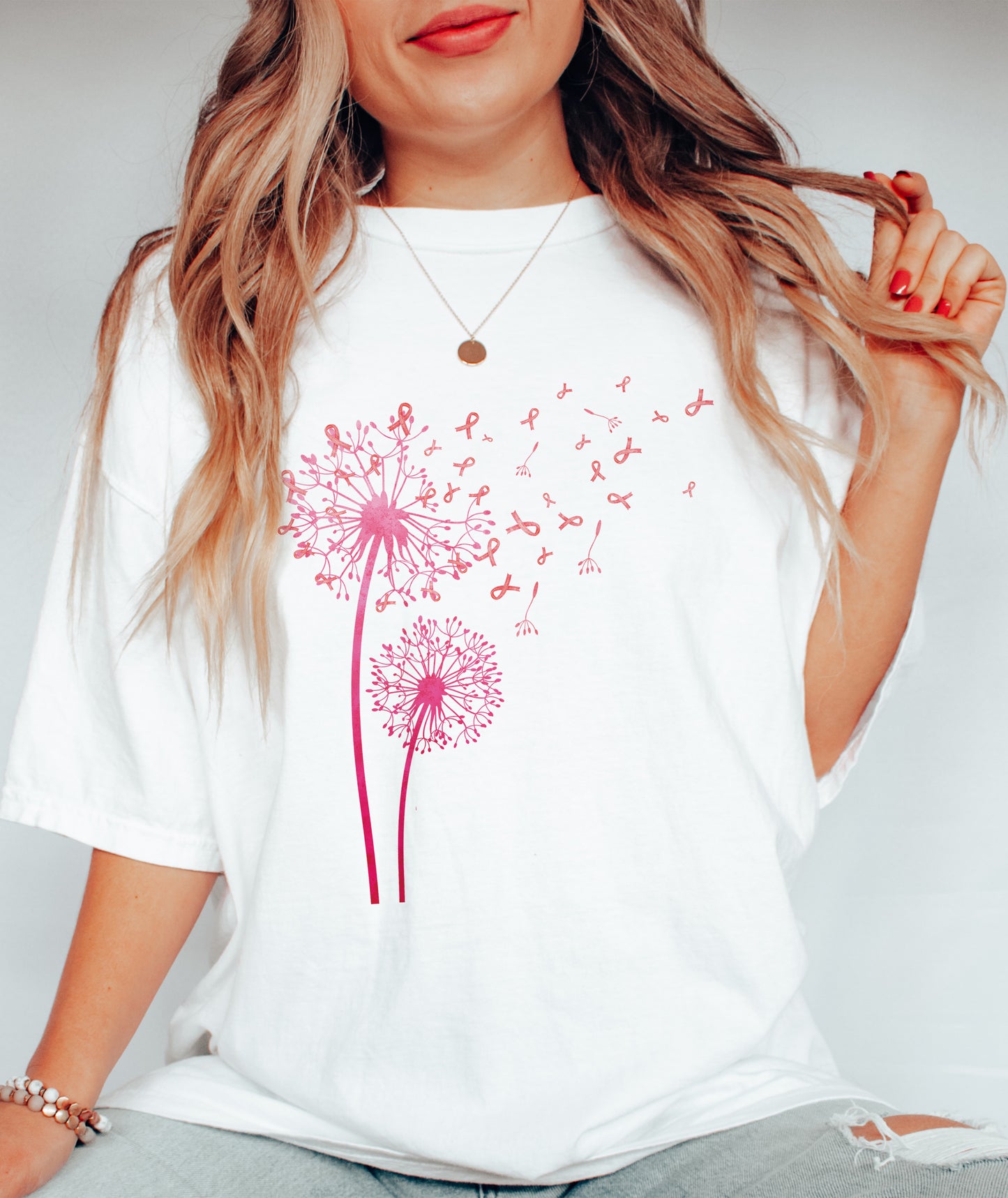 Dandelion Breast Cancer Awareness Graphic Tee – Pink Ribbon Design White